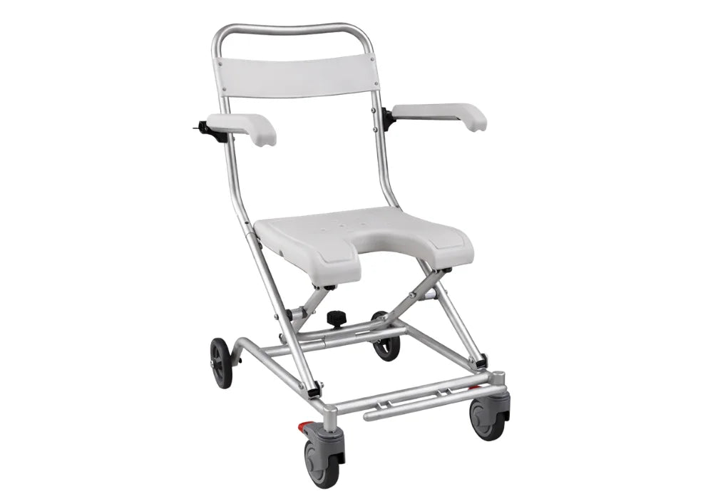 Chaise de douche pliable à roulettes